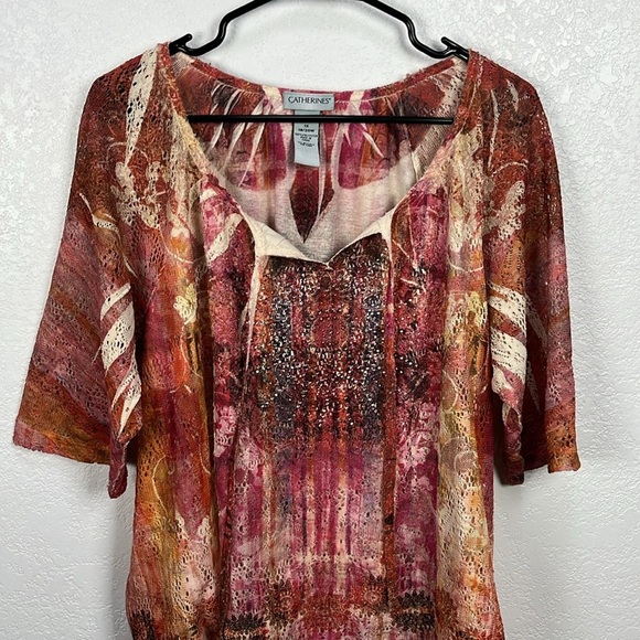 Catherines Top Womens Plus Size 1X Blouse Multicolor Boho Embellished Peasant - Picture 6 of 10